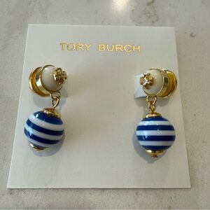 Tory Burch Gold and Blue Striped Drop Earrings